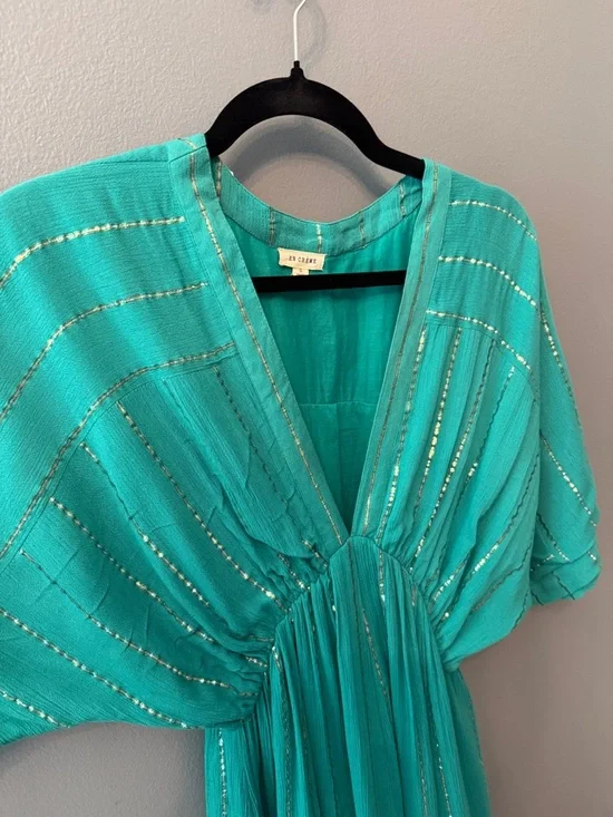 En Crème sold out Sabrina Lurex Kimono Maxi boho hippie Dress in teal, sz small - Picture 12 of 12